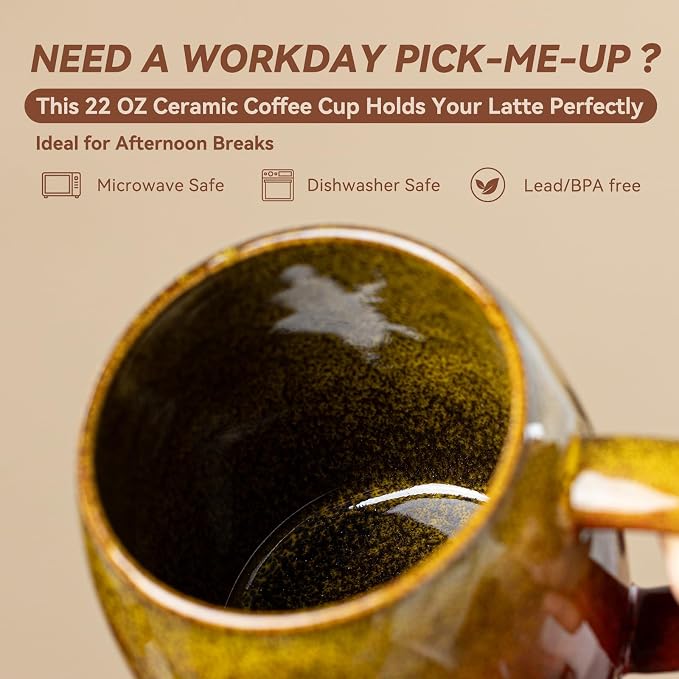 Handmade 22oz Ceramic Coffee Mug, Ergonomic Large Handle, Ideal Gift for Coffee Lovers, Microwave & Dishwasher Safe (Minute-Yellow&Red)