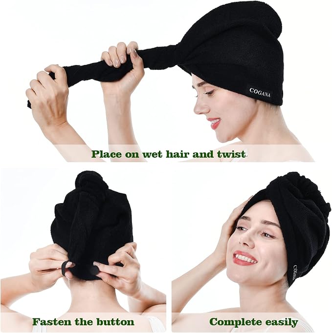 3Pack Microfiber Hair Towels, Wrap for Women(Drying Towel, Turban), Curly Hair - 10Wx28L, Black