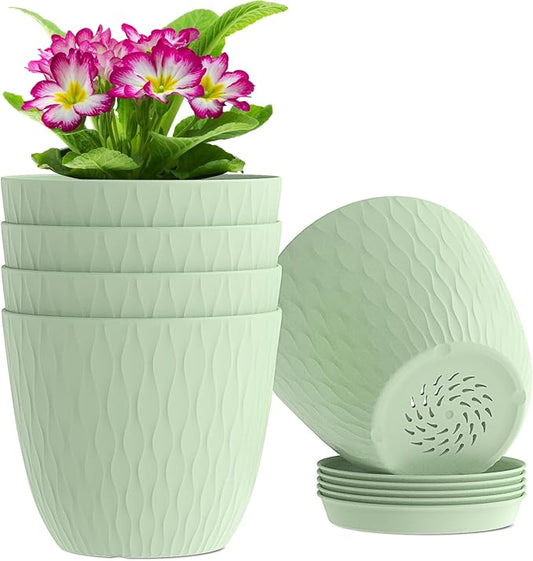 WSMKSZ 6 inch Plant Pots, 5 Pack Flower Pots with Drainage Holes and Saucers for Indoor Plants, Plastic Planters with Water Ripple for Small Garden House Plants, Nursery Pots for Succulent, Green