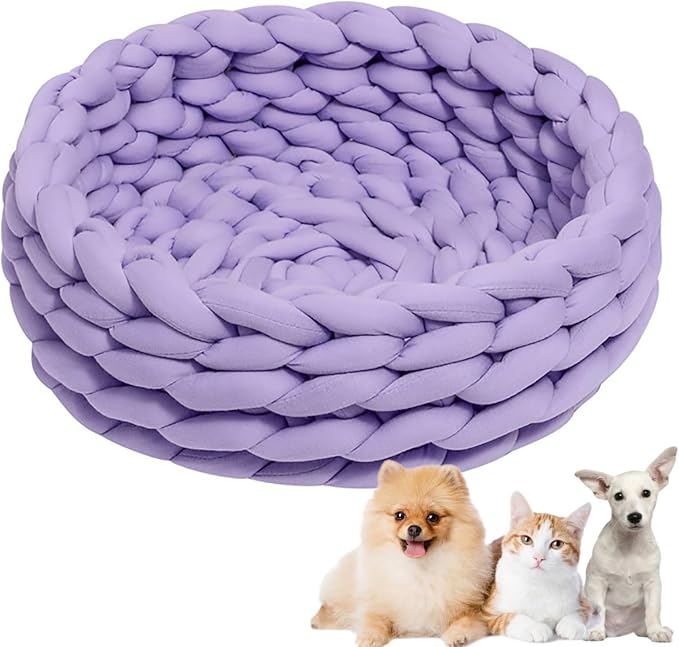 Woven Dog Bed Basket, Knitted Cotton Cat Bed Round Washable Woven Cat Pet Bed Chunky Dog Basket, Orthopedic, Chunky Knit Dog Nest,Dog Bed,Dog Cave,Dog Bedding(Purple,17")