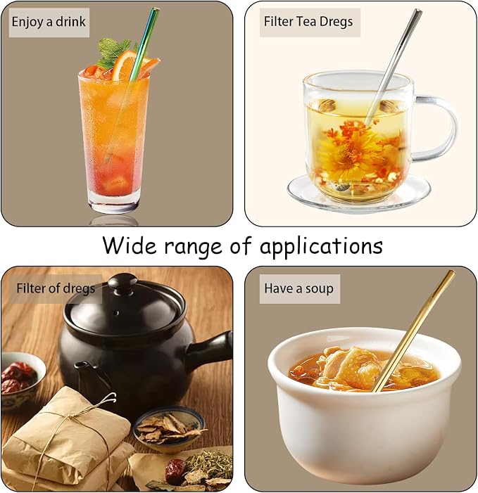 2 Pieces Stainless Steel Straw Spoon Filter with 2 Cleaning Brush, Reusable Tea Spoon for Loose Tea, Yerba Mate Straw, Metal Drinking Straws, Coffee Stirrers for Drinks Milk Beverage (Colorful)