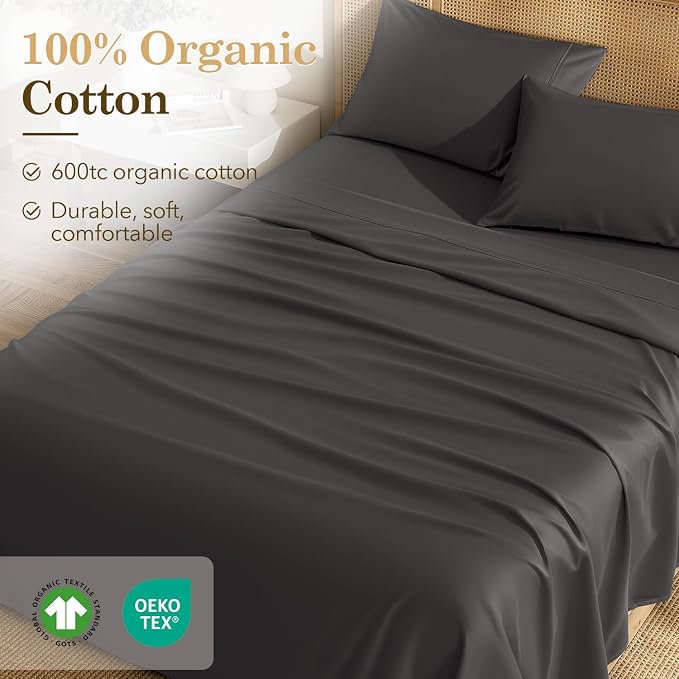 SONORO KATE 100% Organic Cotton Sheets Set - 600 Thread Count, GOTS Certified Cotton Bed Sheets, Soft, Breathable & Silky Sateen Weave Sheets, 16" Deep Pockets - 4 PC (Dark Grey,Queen)