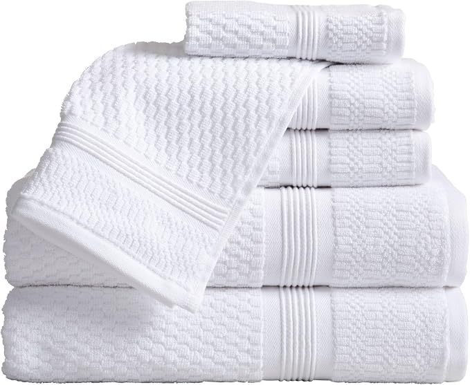 Market & Place 100% Cotton Waffle Weave 6 Piece Towel Set – Soft, Quick-Dry Bath, Hand & Washcloth Towels – Lightweight, Textured Bathroom Set – White | Zoey Collection