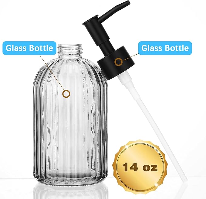 3 Pack Glass Soap Dispenser with Rust Proof Pump, 14 Oz Refillable Liquid Soap Dispenser for Bathroom & Kitchen (Grey)