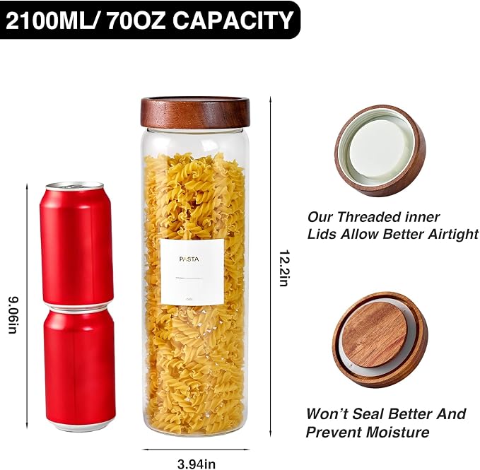 Glass Pasta Storage Containers with Sealing Bamboo Airtight Lid, 70oz Glass Jar with Lid Spaghetti Container Food Storage for Pasta, Noodles, Cereal