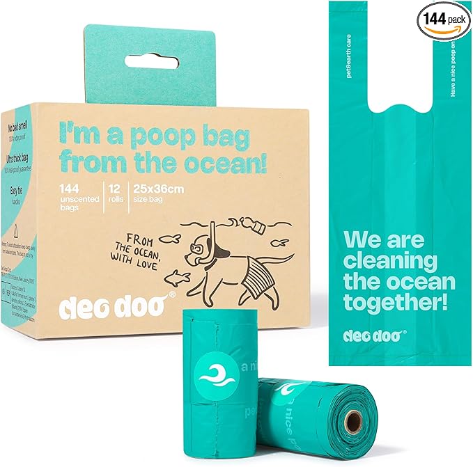 Dog Poop Bags with Handles 144 Counts - Ocean-Recycled Plastic, Extra Thick Leak-Proof Pet Poop Bags for Dog Walking, Unscented