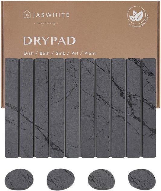 Stone Dish Drying Mat for Kitchen Counter, Large Foldable Marble Quick Dry Diatomaceous Earth Mat with 4 Stone Coasters Set, Ultra Absorbent Collapsible Drying Pad for Bathroom