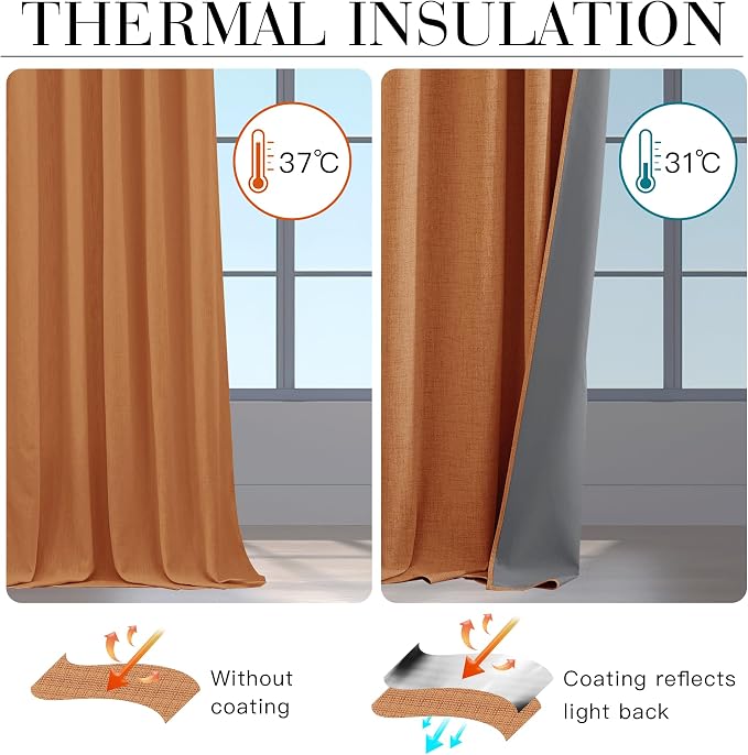 RYB HOME 100% Blackout Fall Curtains for Bedroom Linen Texture, Burnt Orange Curtains for LivingRoom/Office/Sliding Door, Thermal Insulated Farmhouse HomeDecor, Luxury Privacy Drape, W52xL84, 2 Panels