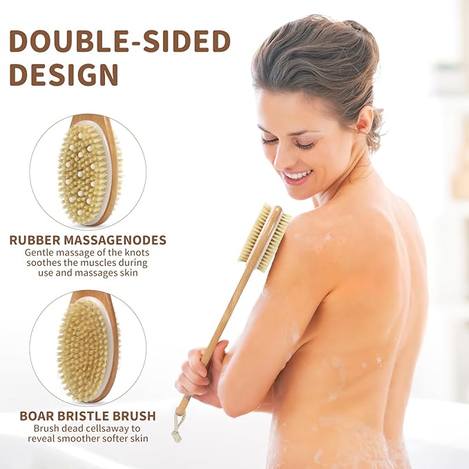 Back Scrubber for Shower, Shower Brush Long Handle with Boar Bristle and Massage Nodes, Exfoliating Body Scrubber for Lymphatic Drainage, Cellulite & Blood Circulation