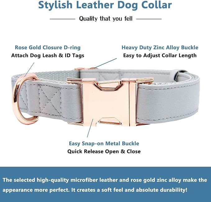 Soft Leather Dog Collar and Leash (6.6') Set - Stylish Rose Gold Heavy Duty Metal Buckle, 4 Adjustable Lengths Leash for Small Medium Large Dogs - Comfortable & Easy to Clean Grey S(12.2"-16.9")