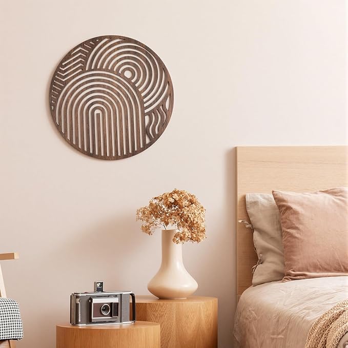 Yerliker Mid Century Modern Wood Wall Art Small Walnut Geometric Wall Sculpture 11.81 Inch Boho Minimalist Abstract Panel Decor for Living Bedroom, Office, Entryway Vertical Hanging Art(Circular)