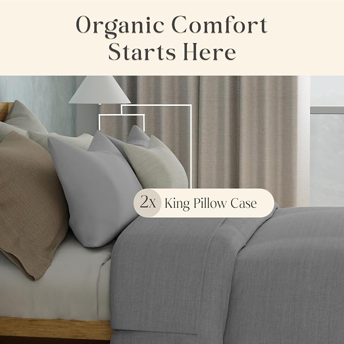 Delilah Home 100% Organic Cotton King Pillow Case, GOTS & Vegan.org Verified, Long Stem 300 TC Sateen Bedding, Non-Synthetic, Deep Pocket Fitted Linen, Lightweight, All-Season, 2 Pieces Set - Grey