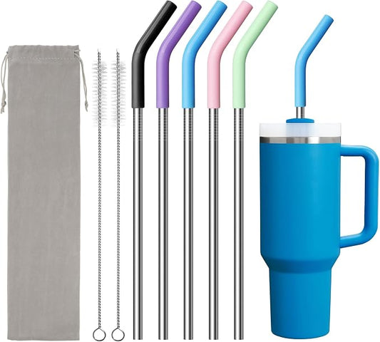 Metal Straws Reusable for 40 oz Tumbler, 5 Pcs Extra Long Stainless Steel Straws with Silicone Tips for Stanley,Simple Modern, Meoky 40oz Cup
