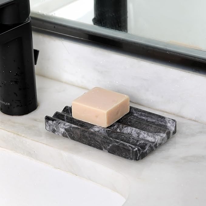 Karibiber Marble Soap Dish, Bar Soap Holder Shower, Black Soaps Bathroom Saver with Water Ripple Design, Easy Cleaning Natural Stone Sponge Holder for Kitchen Sink, Executive Jewelry Ring Tray