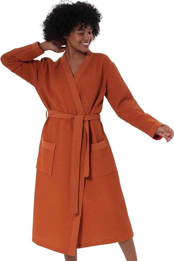 SEYANTE Women's Organic Cotton Waffle Kimono, Hooded Robe – GOTS Certified Lightweight Full-Length Spa Bathrobe with Piping