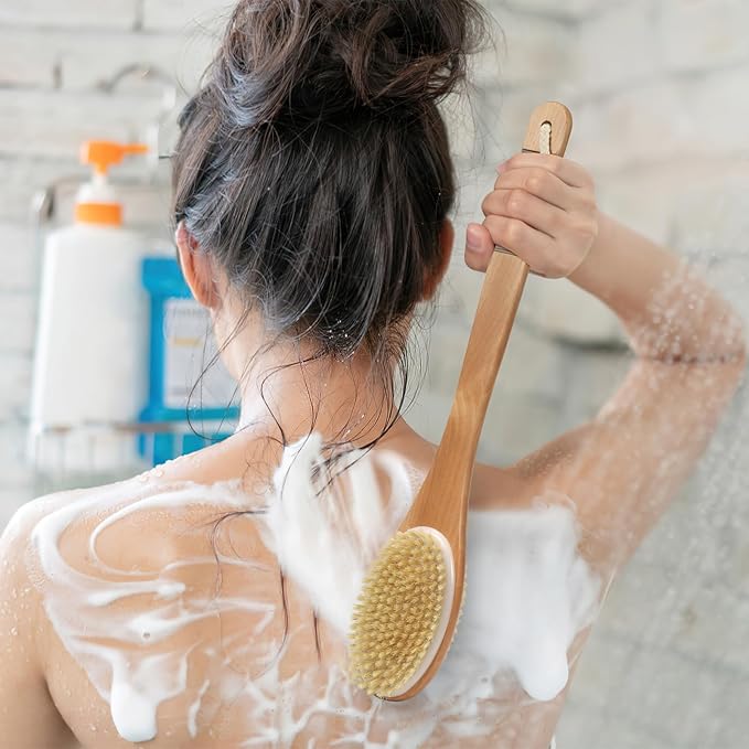 Back Scrubber for Shower, Shower Brush Long Handle with Boar Bristle and Massage Nodes, Exfoliating Body Scrubber for Lymphatic Drainage, Cellulite & Blood Circulation