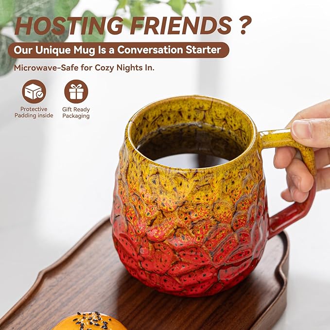 18oz Unique Yellow & Red Kiln-Change Ceramic Coffee Mug, Handcrafted Hammered Texture Ceramic Mug with Ergonomic Handle, Microwave & Dishwasher Safe, Gift for Coffee Lovers, Home Office Daily Use