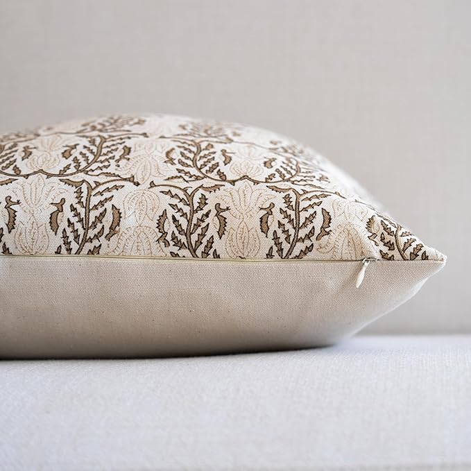 FIOUOVO Floral Throw Pillow Covers 24x24 Set of 2 Block Print Cushion Covers Farmhouse Neutral Accent Decorative Pillow Covers Home Decor for Sofa Couch Living Room Bedroom, Cognac Brown