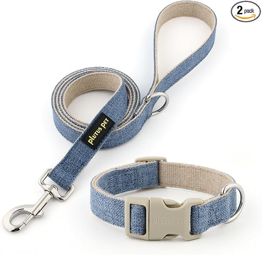Plutus Pet Cotton Hemp Dog Collar and Leash Set, Adjustable Collar for Small, Medium, and Large Dogs, Heavy Duty and Soft on Skin, Haze Blue, XS