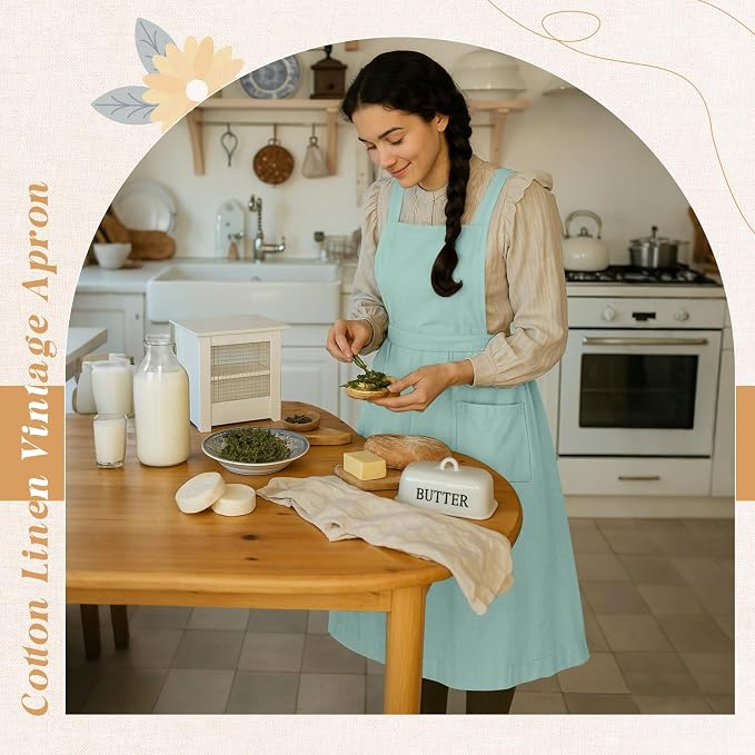 100% Cotton Aprons with Pockets Pinafore Dress for Women Vintage Cute Aprons for Kitchen Baking Gardening Painting