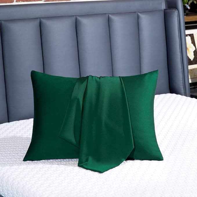100% Mulberry Silk Pillowcase 2 Pack for Hair and Skin,with Hidden Zipper,Both Sides 19 Momme 600 Thread Count Natural Silk Pillow Cover,Soft Breathable Smooth (Dark Green, Standard 20''x26'')