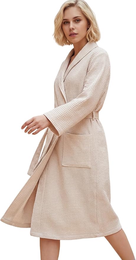 Women's Turkish Waffle Robe, Lightweight Cotton Long Bathrobe for Women