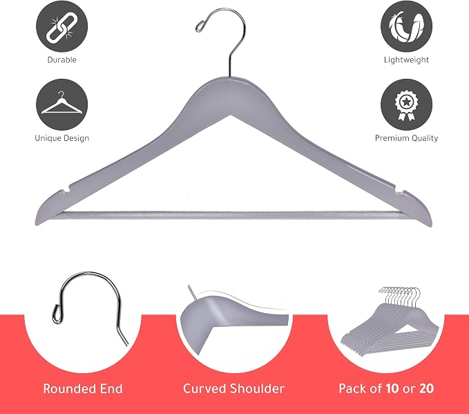 Quality Hangers - Wooden Coat Hangers - Slightly Curved Hanger Set of 20-Pack - Solid Wood with Stylish Chrome Hooks - Heavy-Duty Clothes, Jacket, Shirt, Pants, Suit Hangers (Gray, 20)