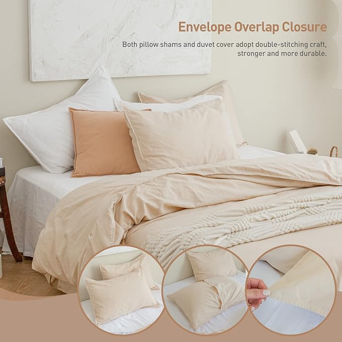 BISELINA French Linen Duvet Cover Set 3pcs with Hidden Zipper Closure Natural Flax Cotton Blend Solid Color Soft Breathable Luxury Farmhouse Bedding -Queen Size, Linen/Beige