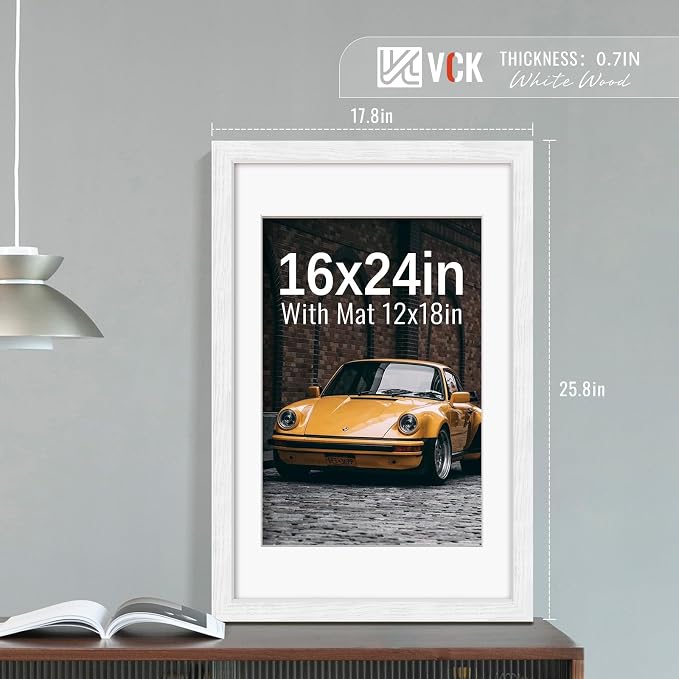 VCK 16x24 Picture Frames White 3 Pack, Wide Border Wood, Display 12x18 Photo with Mat or 16 x 24 without, for Home, Office, Gallery, Woodgrain Series, Wall Hanging