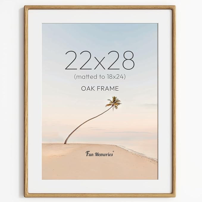22x28 Poster Frame, USA-Sourced Oak Wood Frame Wall Mounted, 22x28 Picture Frame with Real Glass, 22 x 28 Picture Frame Matted to 18x24 Photo for Vertical & Horizontal Hanging, 1 Pack
