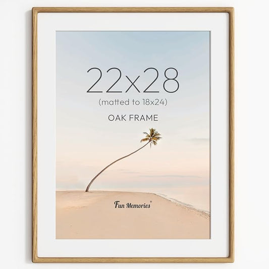 22x28 Poster Frame, USA-Sourced Oak Wood Frame Wall Mounted, 22x28 Picture Frame with Real Glass, 22 x 28 Picture Frame Matted to 18x24 Photo for Vertical & Horizontal Hanging, 1 Pack