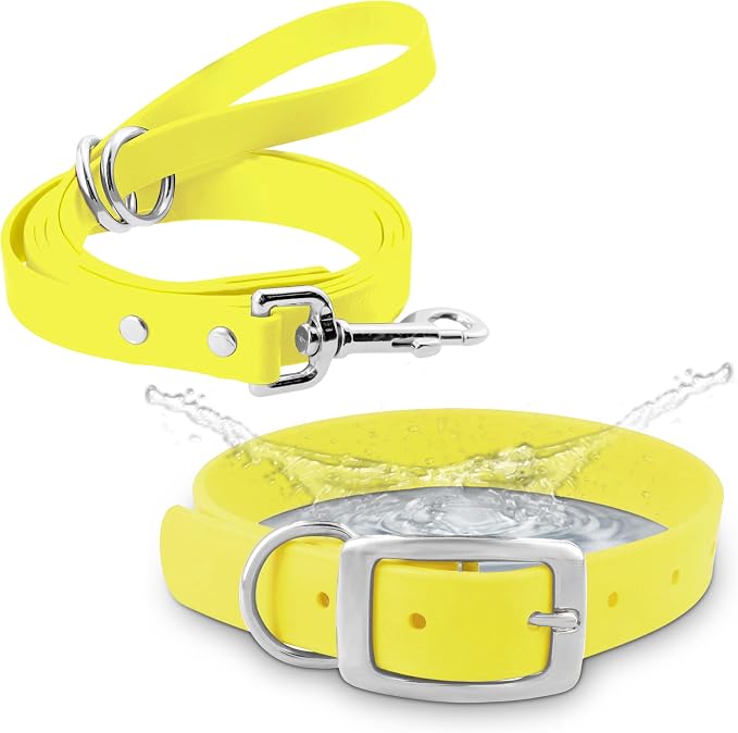 Regal Dog Products Large Yellow Waterproof Dog Collar and Leash Set | Heavy Duty Double Buckle & D Ring - 5'ft Leash | Adjustable Biothane Dog Collar | Chew Resistant Waterproof Collar for Dogs