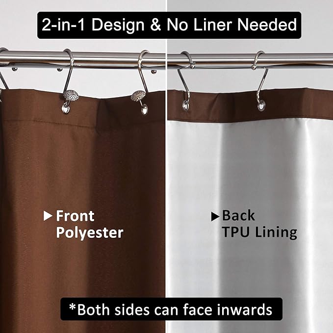 Ultimate Waterproof Fabric Shower Curtain or Liner, Breathable TPU & Machine Washable, Use for Bath Tub/Stall in Home and Hotel, Brown, 72"x72"