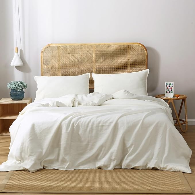 S VICTORY SYMBOL 100% Organic Linen Duvet Cover Set,Stone Washed French Flax Bedding Set,Comforter Cover with Button Closure(Creamy-White,King) 106x92inch Cal King