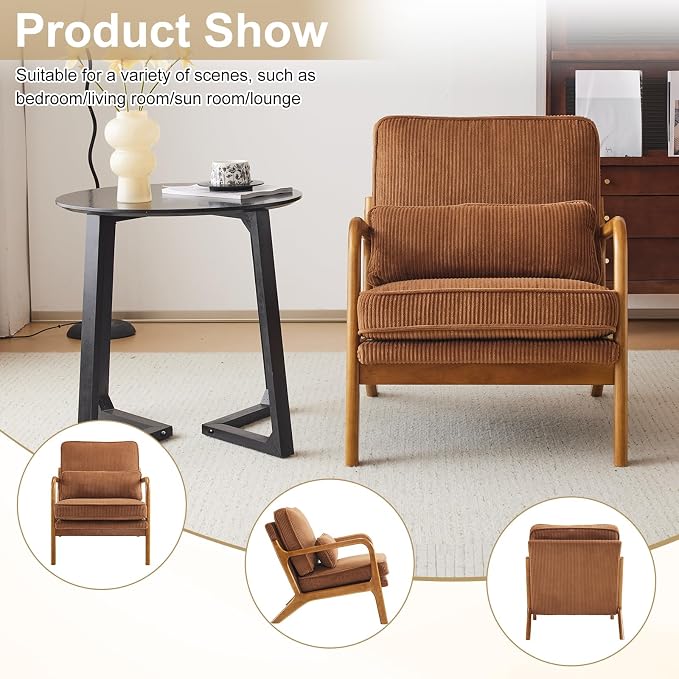 Karl home Mid-Century Modern Accent Reading Chair, Brown | Corduroy Upholstered, Solid Wood Frame, Soft Cushion, Lumbar Pillow, Lounge Armchair for Living Room, Bedroom, Balcony, Study