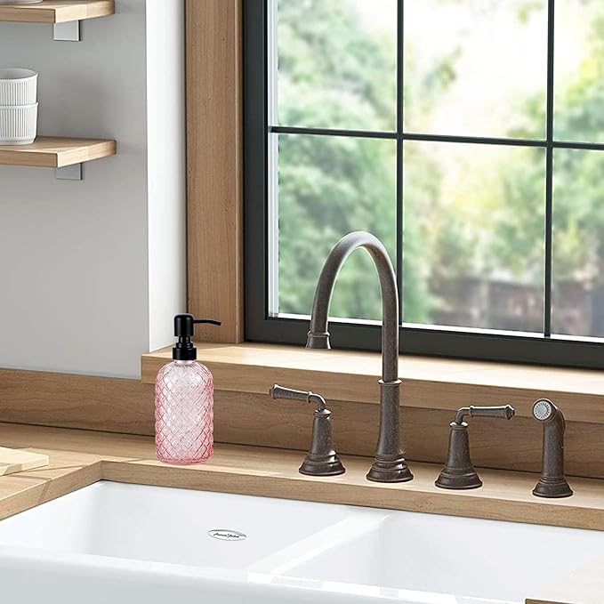 12Oz Glass Soap Dispenser with 304 Black Rustproof Stainless-Steel Pump, Refillable Glass Soap Dispenser for Kitchen, Bathroom, Farmhouse (Pink)