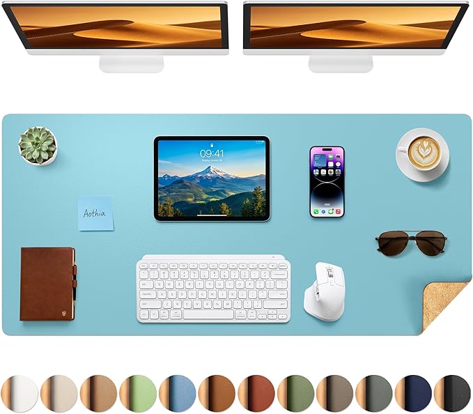 Aothia Cork Desk Mat - Dual-Sided Extra Large Desk Pad & Keyboard Mat, Long PU Leather Desk Protector, Waterproof Desktop Blotter (47" x 17", Blue Topaz)