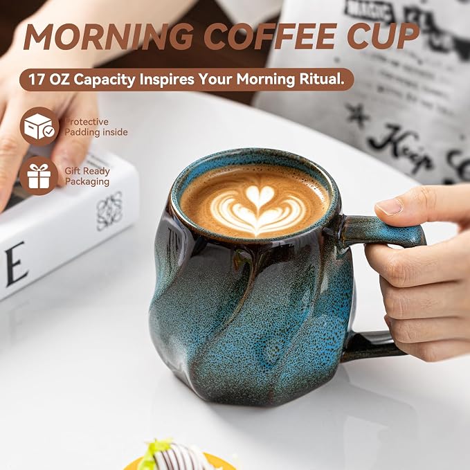 Deep Sea Aurora Ceramic Coffee Mug - 17 oz Unique Reactive Glaze Coffee Cup with Ergonomic Handle, Ceramic Mug for Office Home, Birthday Gift for Men Women