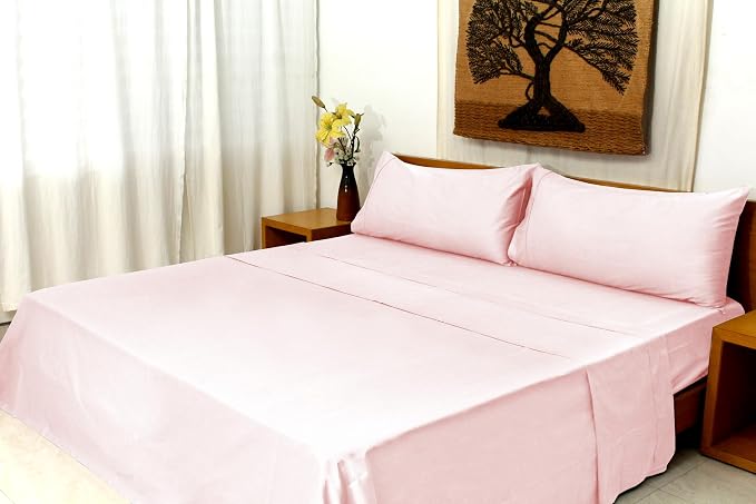 Organic Cotton Long Staple Silky Soft Single Pick Sateen Bed Sheet Set - Luxurious & Premium Hotel Quality - GOTS Certified - Solid Dyed (Light Pink, Queen (U.S. Standard))
