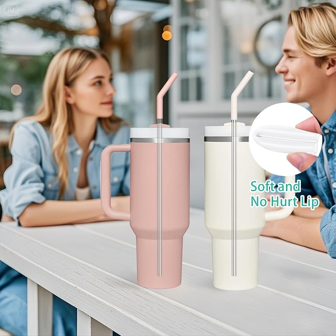 HEYSKAY 3pc Replacement Straws Reusable for Stanley Tumbler 40oz 30oz Metal Replacement Straws with Silicone Tips and Cleaning Brushes
