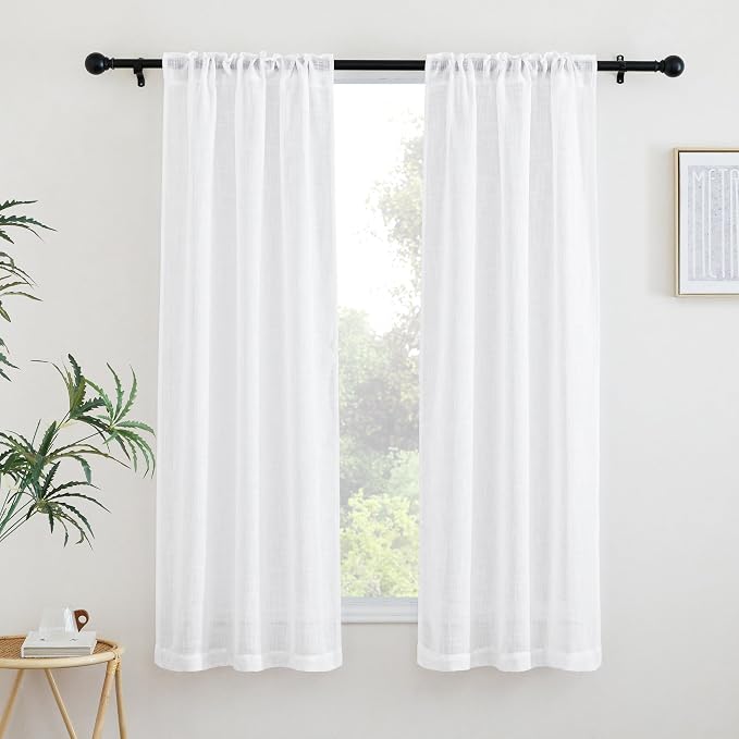 NICETOWN White Bedroom Curtains 63 inches Long, Rod Pocket & Back Tab Faux Linen Semi Sheer Window Treatments Privacy with Light Filtering for Living Room/Kids Room, W34 x L63, 2 Panels