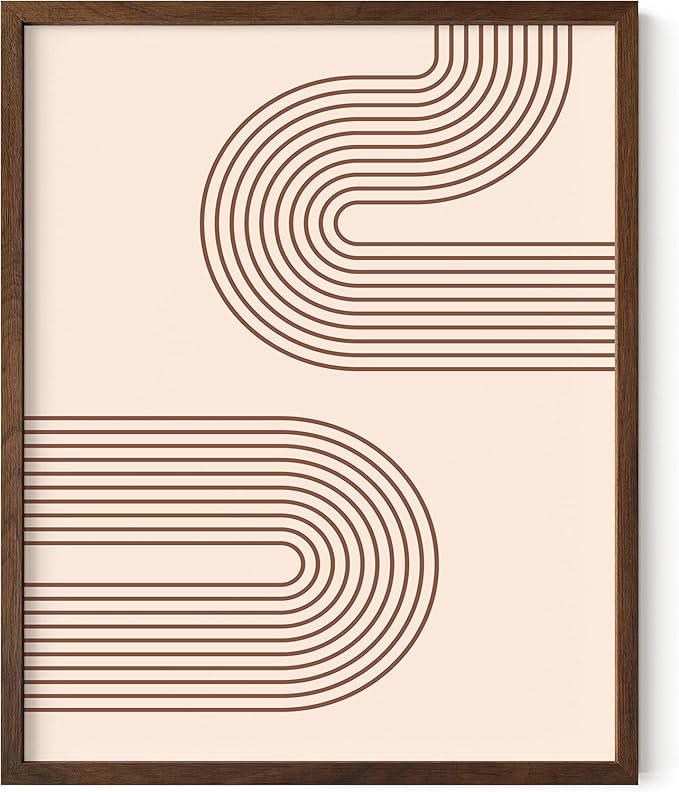 Abstract Double Wavy Arch Wall Art Minimalist S-Shape Lines Earth Tones Terracotta Brown 8x10 Inch Oak Wood Walnut Framed Boho Geometric Print for Modern Living Room Decor