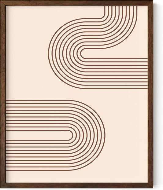 Abstract Double Wavy Arch Wall Art Minimalist S-Shape Lines Earth Tones Terracotta Brown 8x10 Inch Oak Wood Walnut Framed Boho Geometric Print for Modern Living Room Decor