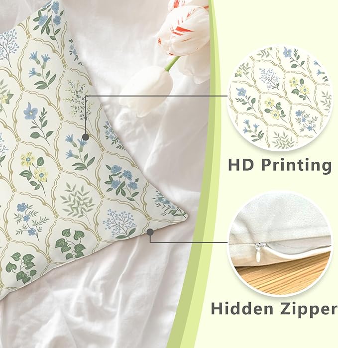 Blue and Green Floral Block Print 18x18 Pillow Cover, Cottagecore Home Decor, Vintage Grandmillennial Botanical Wildflower Decorative Throw Pillow Cover for Home Bedroom Living Room