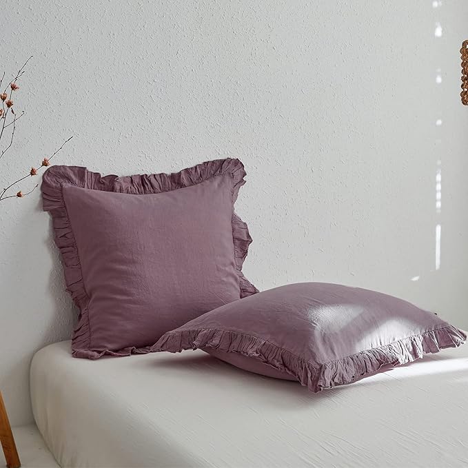 100% French Linen Euro Shams with Ruffles - Set of 2 - Washed Solid Color Natural Flax Soft Breathable Pillow Covers - Purple, 26'' x 26''