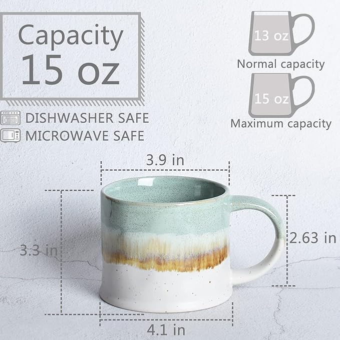 Bosmarlin Medium Ceramic Coffee Mug Set of 2, 15 oz, Big Stoneware Tea Cup for Office and Home, Dishwasher and Microwave Safe (Green, 2)
