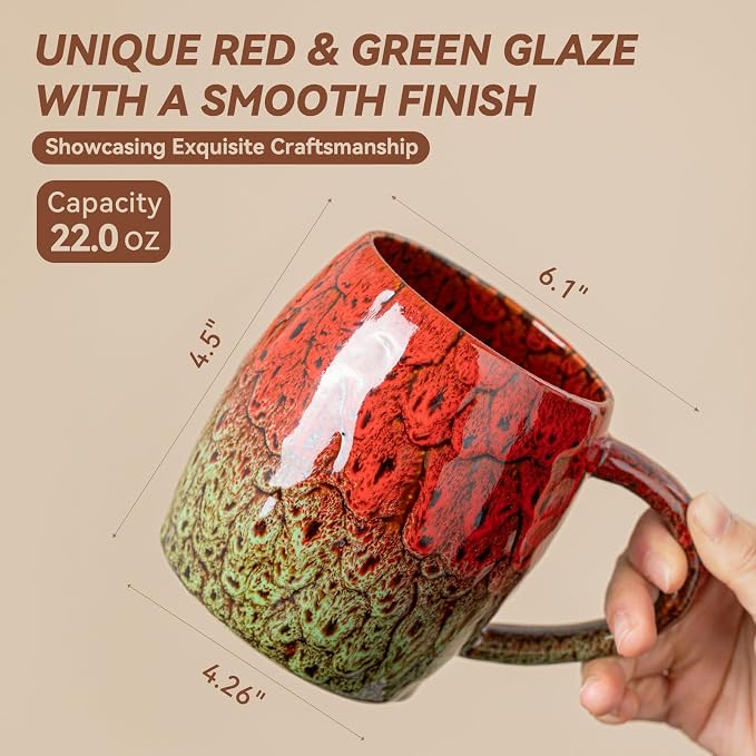 Handmade 22oz Ceramic Coffee Mug, Ergonomic Large Handle, Ideal Gift for Coffee Lovers, Microwave & Dishwasher Safe (Bas-Relief - Red&Green)