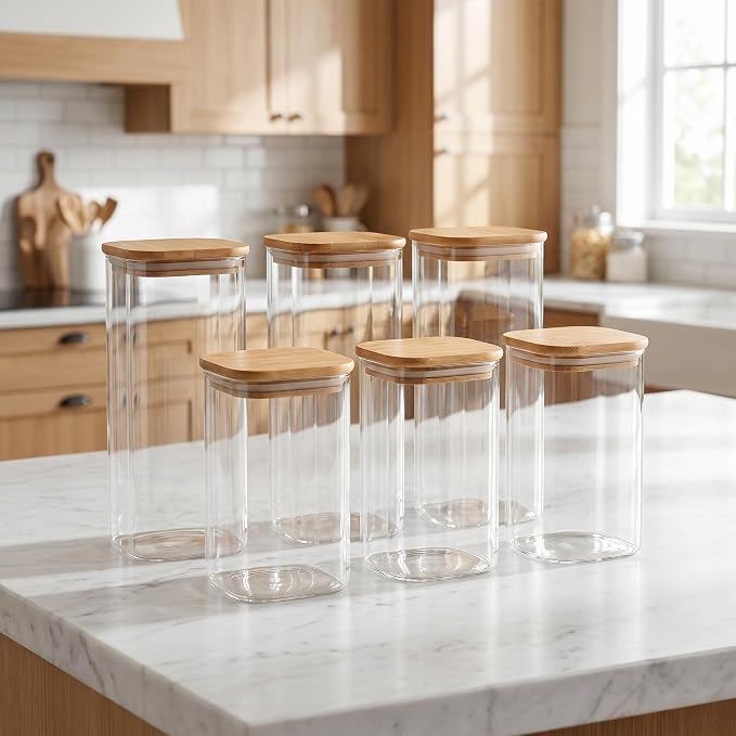6pcs Large Glass Food Storage Containers with Bamboo Lids | 68 ounces (set of 3) and 32 ounces (set of 3) for storing overnight oats, coffee, spices, candies, flour, etc.,