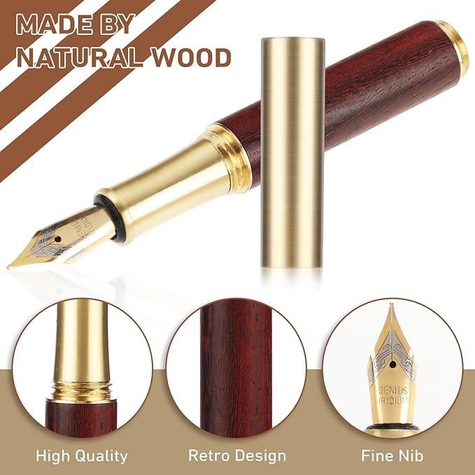 Andibro Vintage Wooden Mini Fountain Pen, Short Pocket Travel Fountain Pen Fine Nip Pen Fancy Pens Smooth Writing with 15 Pcs 2.6mm Black Ink Cartridges for Journaling Office School Supplies(B)