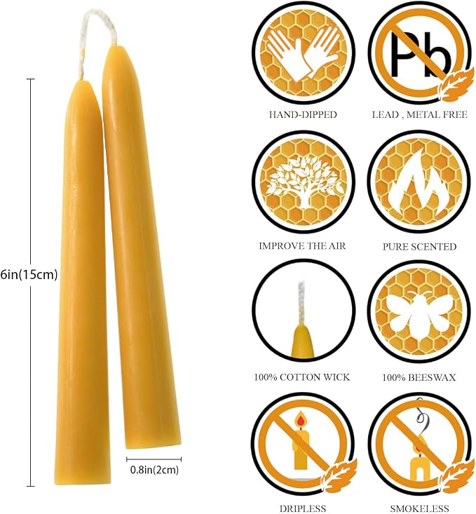 6'' Natural Beeswax Taper Candles Set of 12, DEYBBY Smokeless and Dripless Pure Organic Beeswax Candles, 4-5Hrs Burn Time, Nontoxic